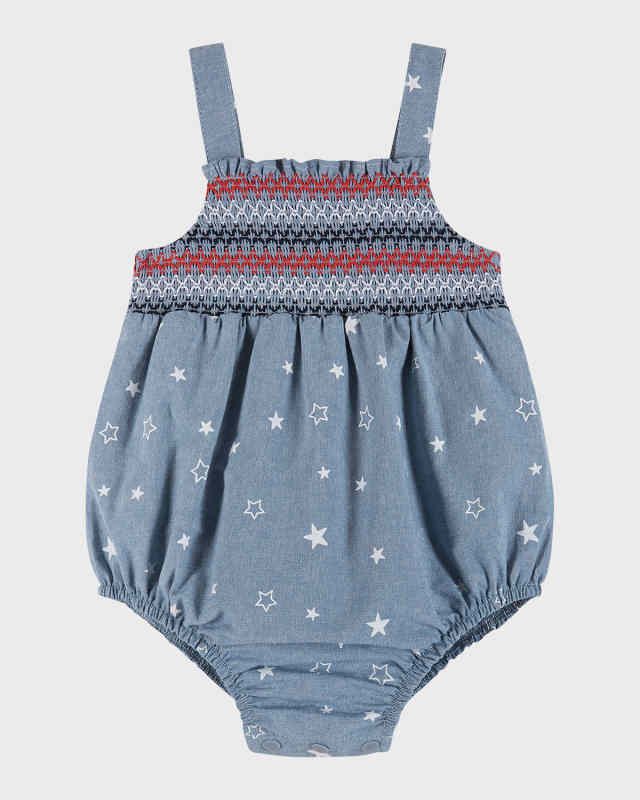 Girl's Star-Print Smocked Bubble Romper, Size Newborn-3