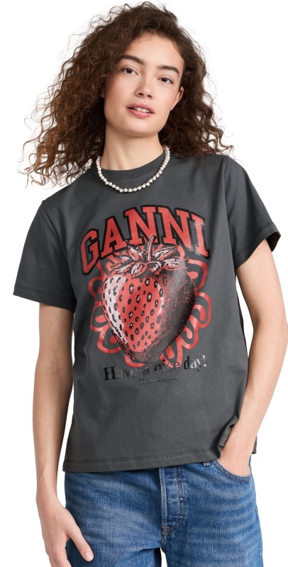 GANNI Basic Jersey Strawberry Relaxed T-Shirt Volcanic Ash