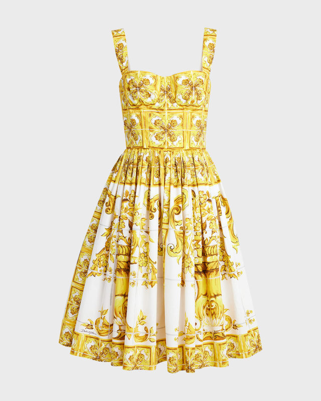Tile-Print Pleated Poplin Bustier Dress