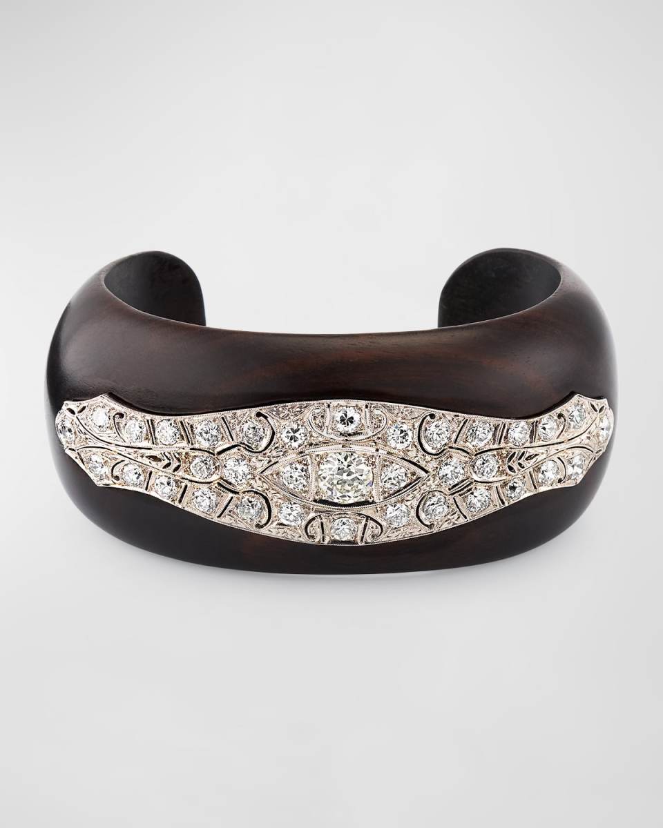 Estate Art Deco Platinum Ebony Wood Bangle Bracelet with Diamonds