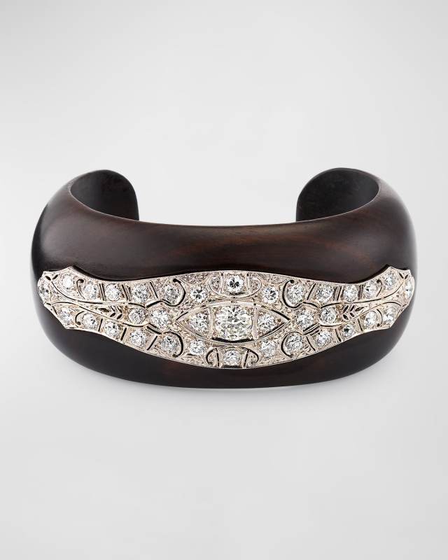 Estate Art Deco Platinum Ebony Wood Bangle Bracelet with Diamonds