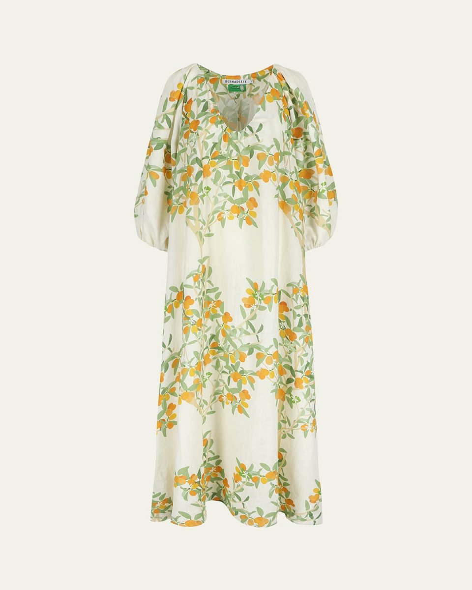 Floral Print Balloon-Sleeve Maxi Linen Gown