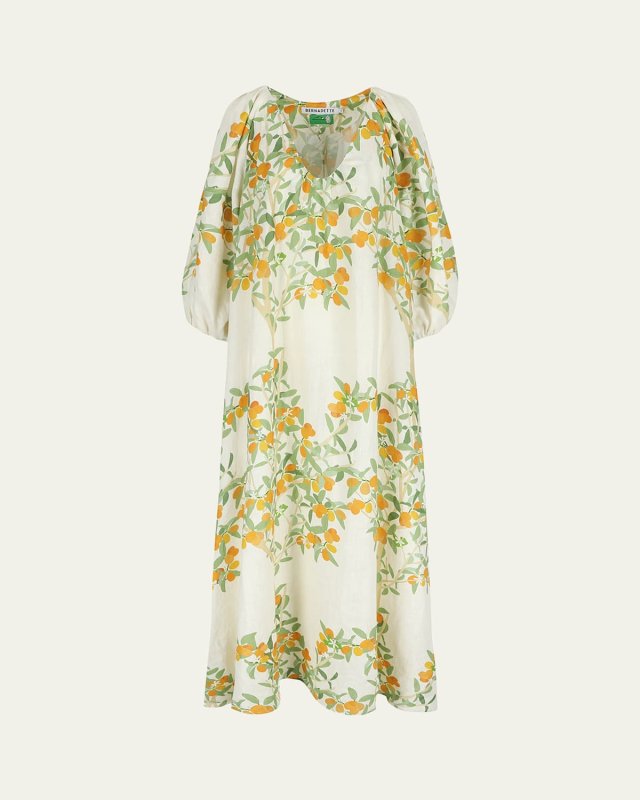 Floral Print Balloon-Sleeve Maxi Linen Gown