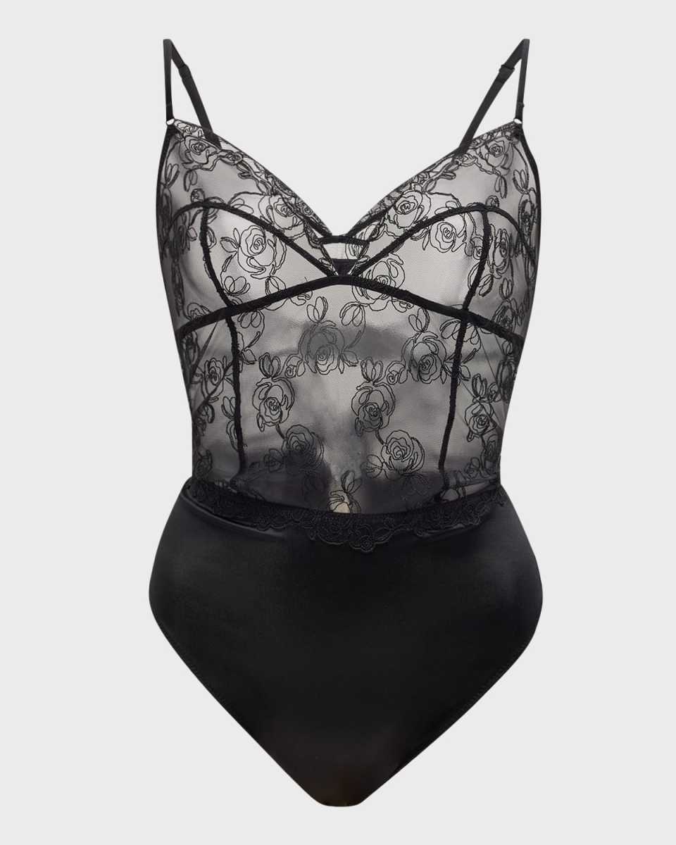 La Rose Floral-Embroidered Thong Bodysuit