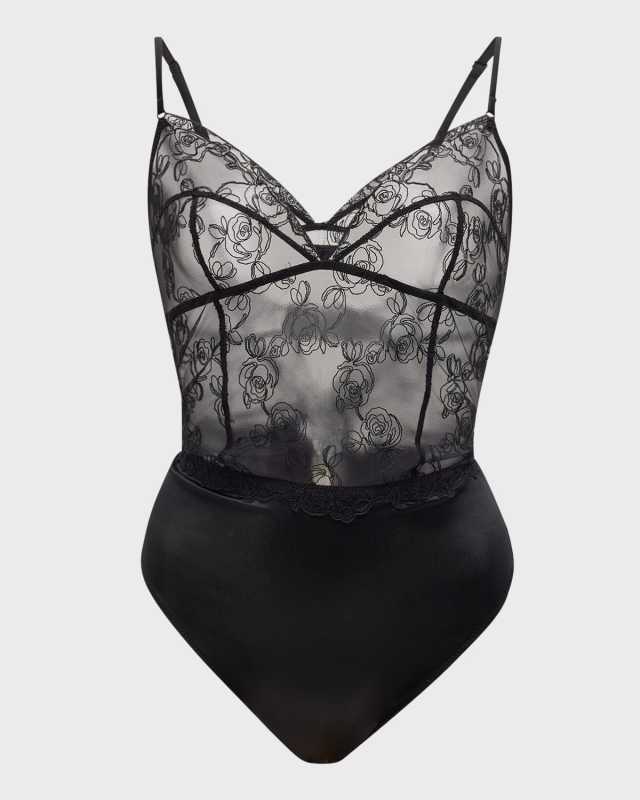 La Rose Floral-Embroidered Thong Bodysuit