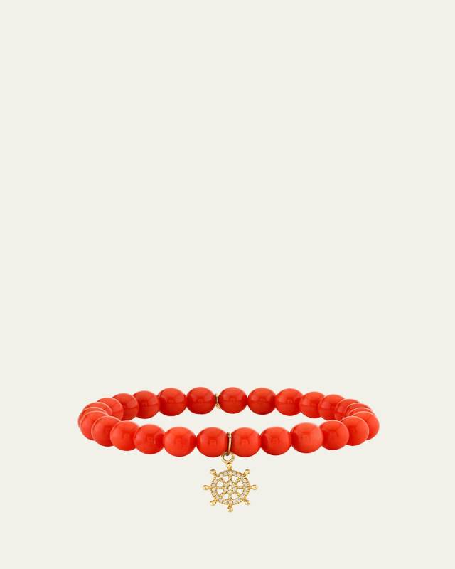 14K Diamond Ships Wheel Charm and Bead Bracelet
