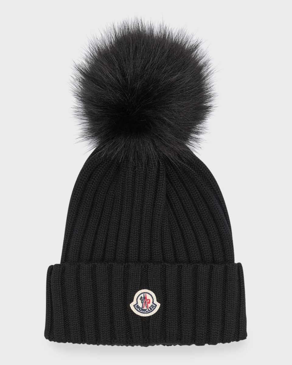 Ribbed Wool Beanie with Faux Fur Pom