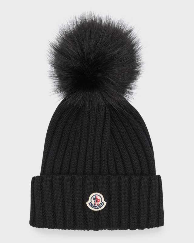 Ribbed Wool Beanie with Faux Fur Pom