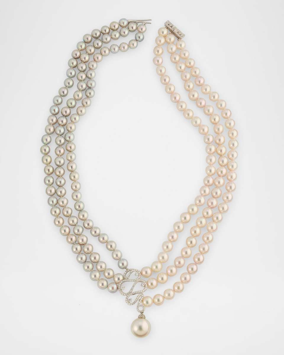 18K White Gold Gray and White Akoya Pearl Necklace with Diamonds, 7.5-8.5mm