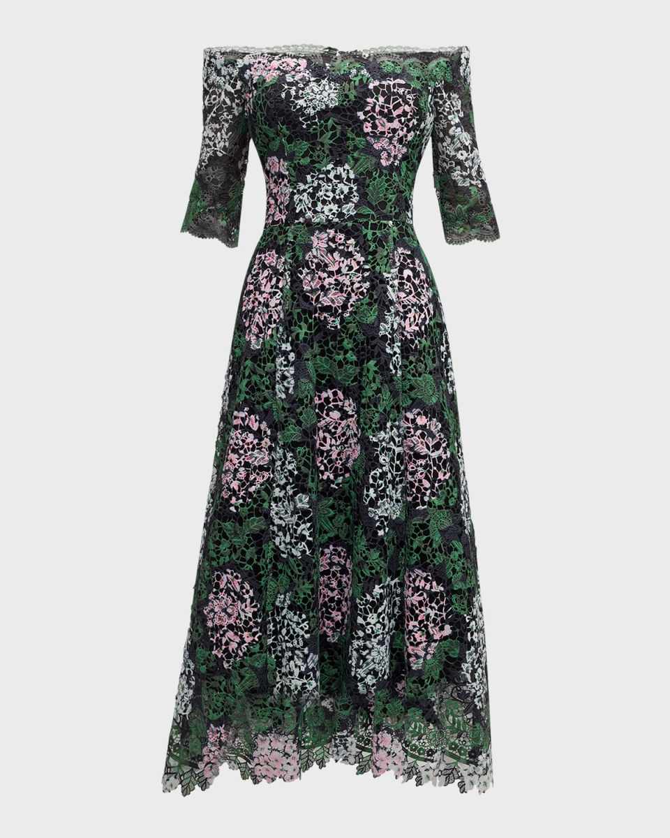 Off-Shoulder Floral Lace Midi Dress