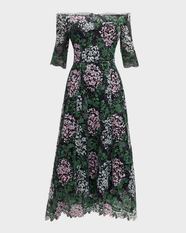 Off-Shoulder Floral Lace Midi Dress