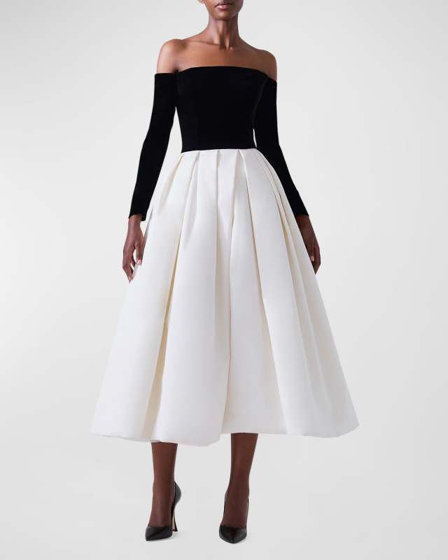 Long-Sleeve Off-The-Shoulder Velvet Midi Dress