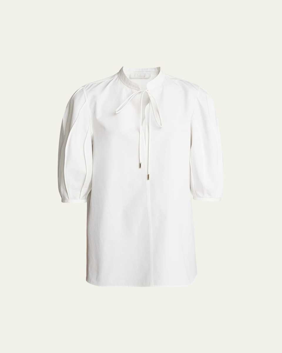 Organic Cotton Poplin Top with Tie Neckline