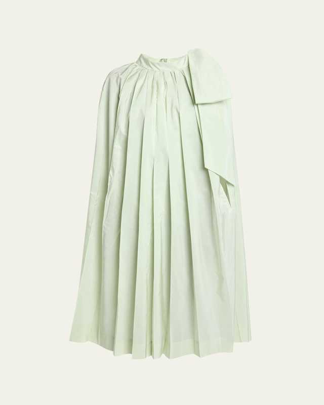 Pleated Cascade Cape Midi Dress with Shoulder Bow