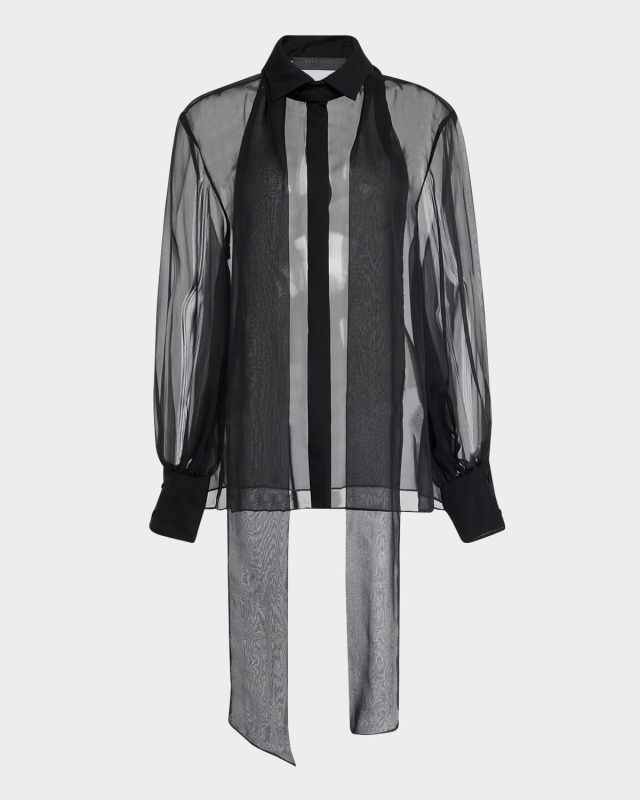 Neck Scarf Long-Sleeve Sheer Blouse