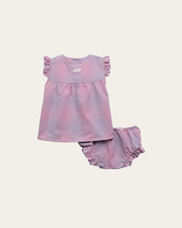 Girl's Logo-Print Checkered Seersucker Dress, Size 6M-36M