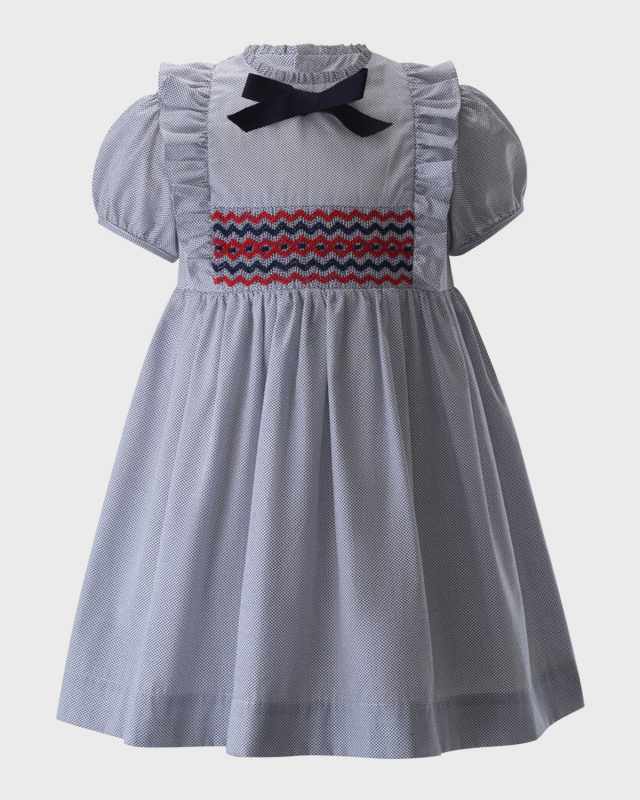 Girl's Pindot Smocked Bow Dress, Size 2-10