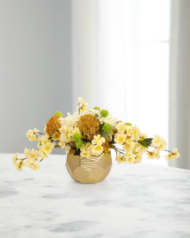 Champagne Yellow 12" Faux Floral Arrangement in Glass Vase