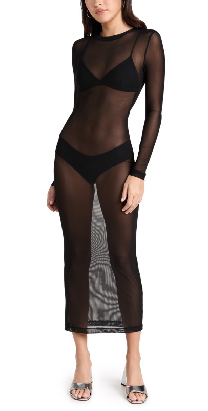 Good American Mesh Long Sleeve Dress Black001