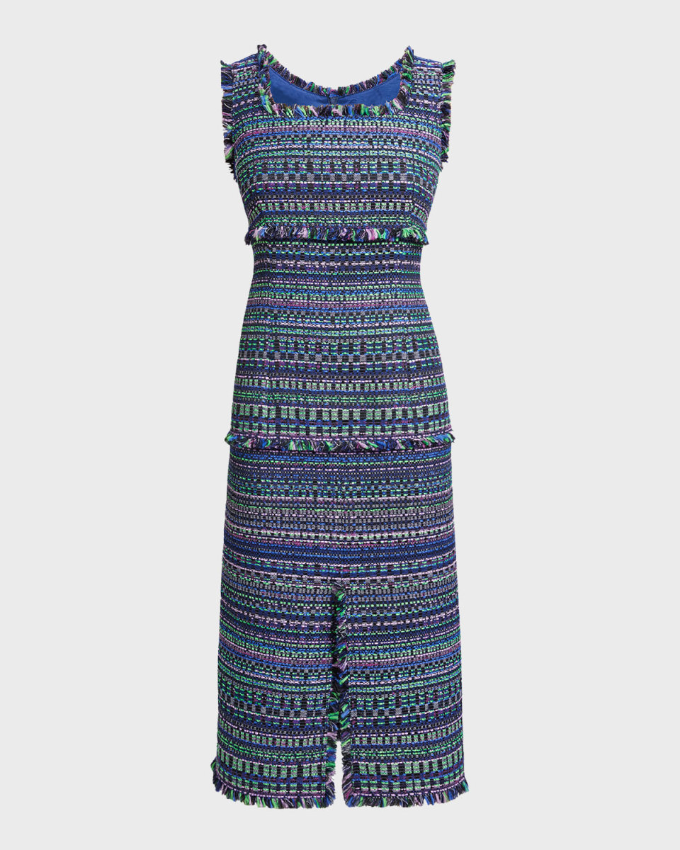Faye Sleeveless Fringe-Trim Tweed Dress