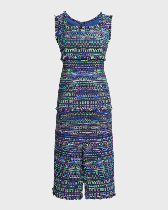 Faye Sleeveless Fringe-Trim Tweed Dress