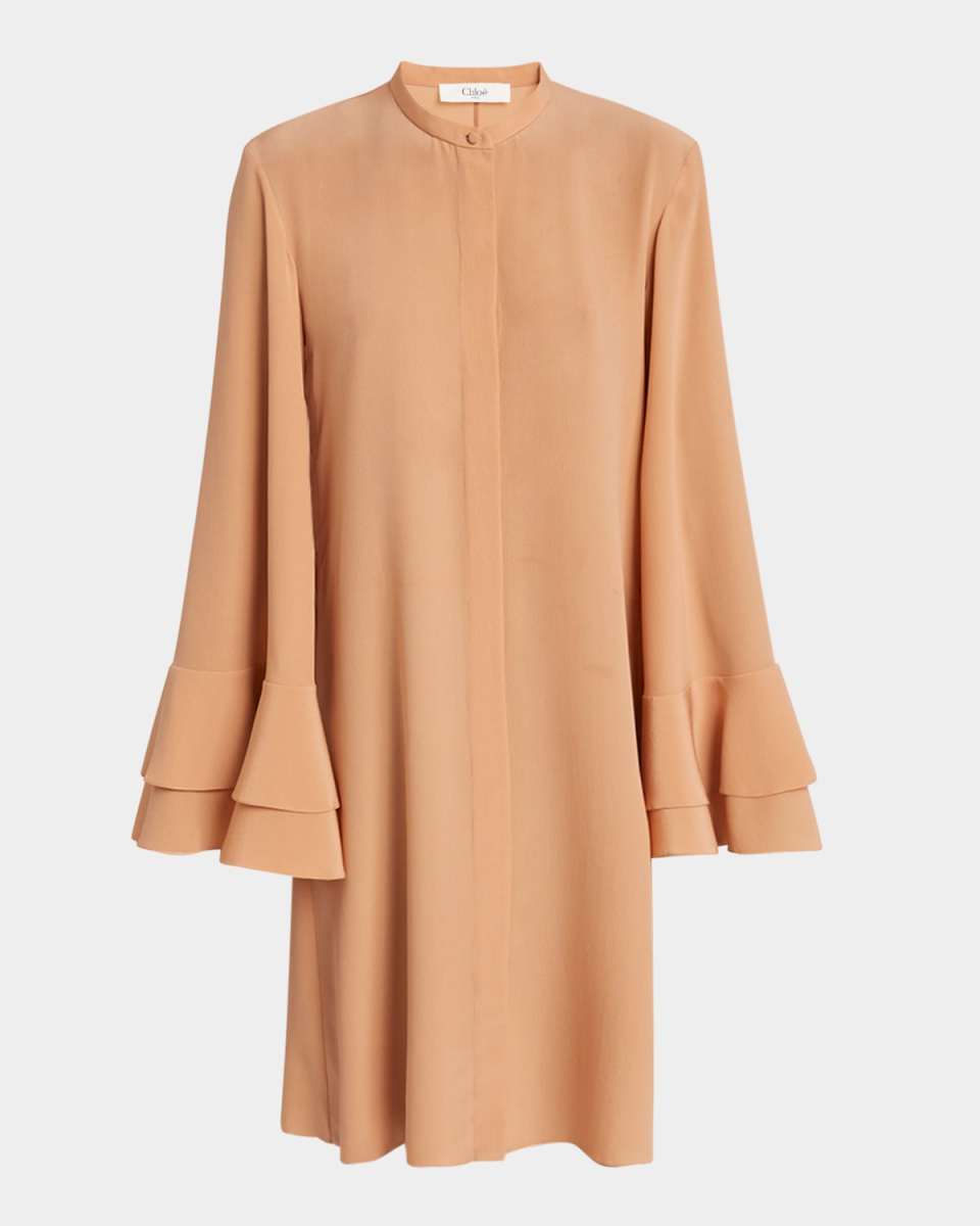 Tiered Ruffle Long-Sleeve Silk Shirtdress