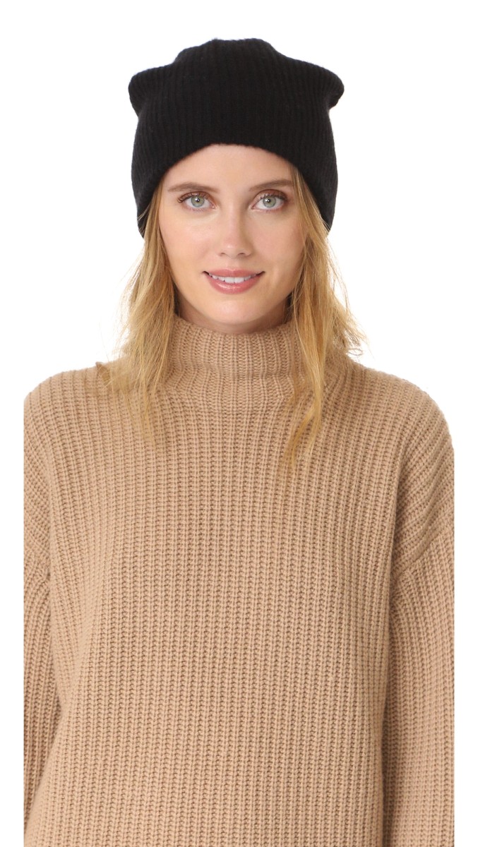 White + Warren Cashmere Plush Rib Beanie Black