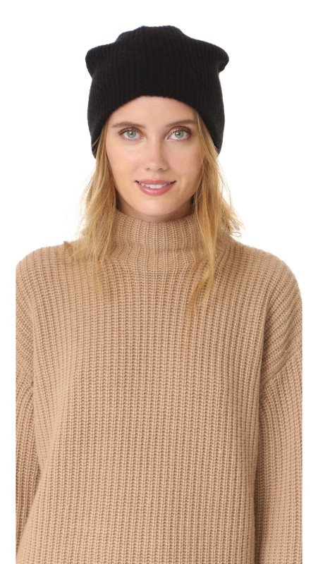 White + Warren Cashmere Plush Rib Beanie Black