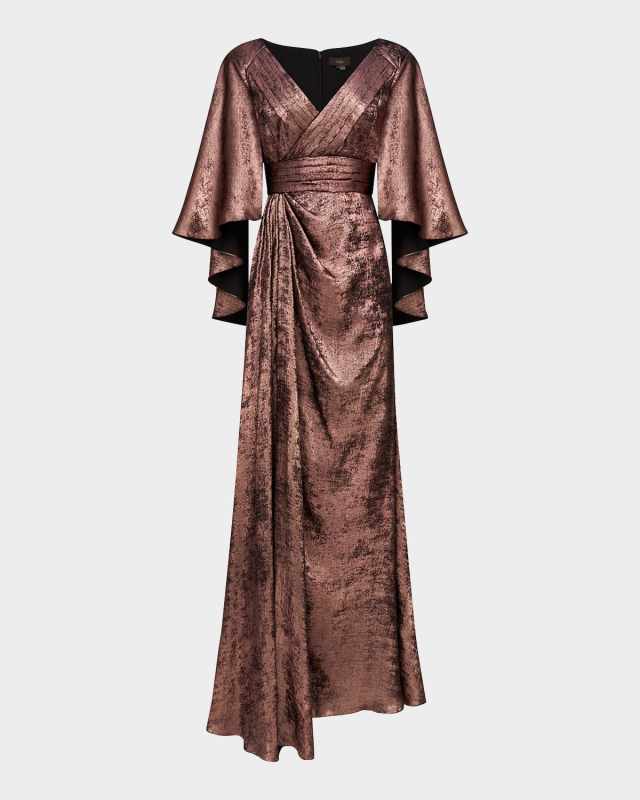 Nadine Metallic Cape-Sleeve Gown