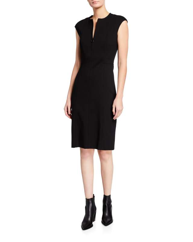 Cap-Sleeve Zip-Front Seamed Dress, Black