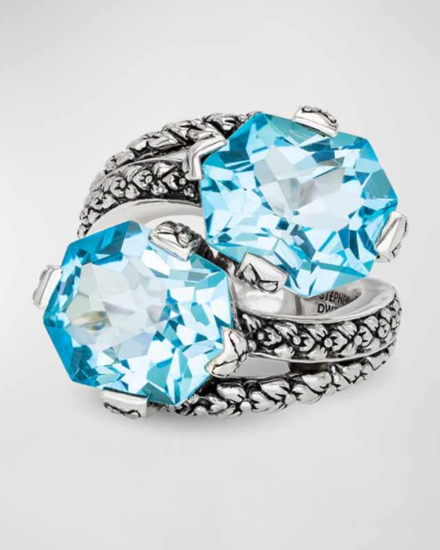 Flower Engraved Sky Blue Topaz Bypass Sterling Silver Ring