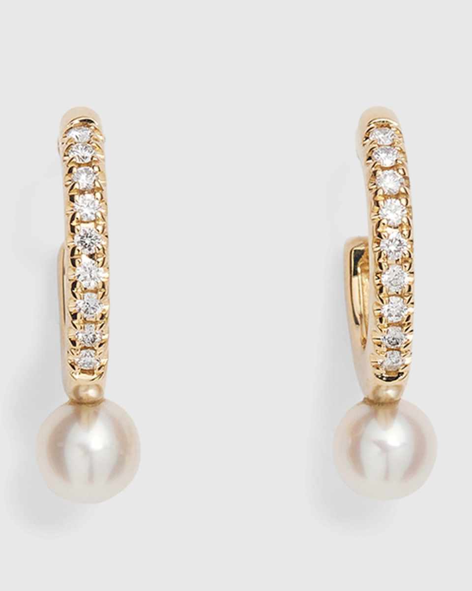 14k Gold and Diamond Small Hoop Earrings with Pearls