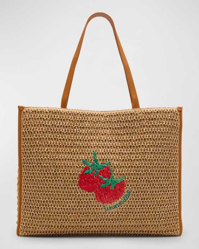 Logo Embroidered Straw Tote Bag