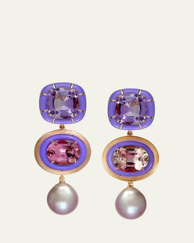 18K Rose Gold Enamel Pink Pearl Drop Earrings with Amethyst and Kunzite