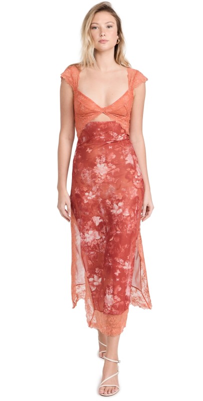 Free People Suddenly Fine Maxi Slip Dress Apricot Brandy Combo
