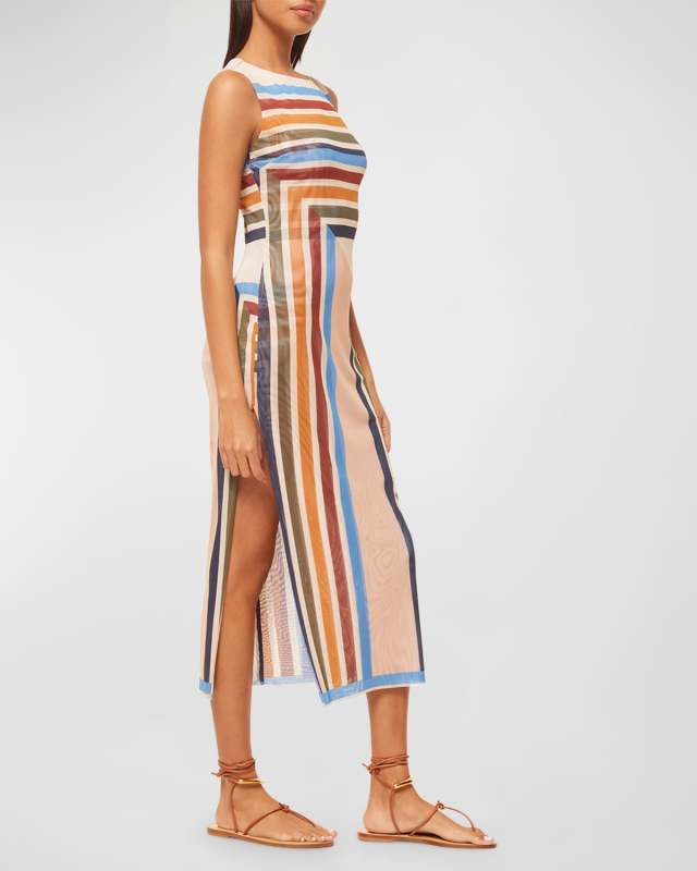 Nakia Sleeveless Geo Stripe Mesh Midi Dress