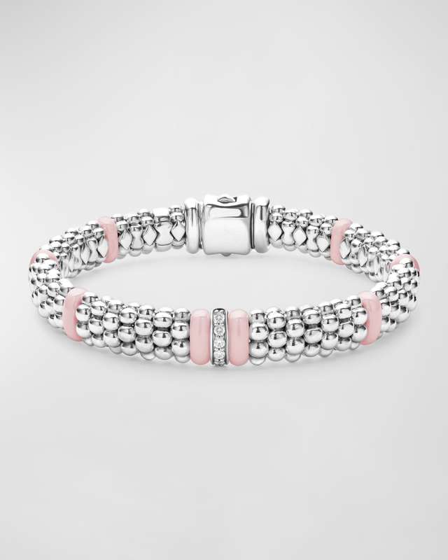 Sterling Silver Pink Caviar 1 Diamond Link 9mm Rope Bracelet