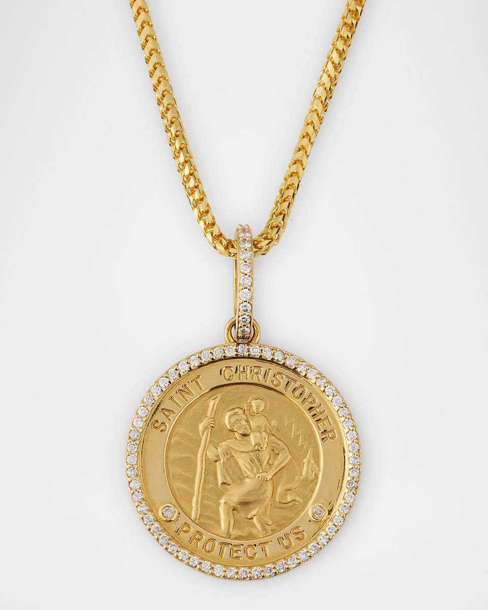14K Gold St. Christopher Diamond Pendant on 2mm Franco Chain Necklace, 20"L