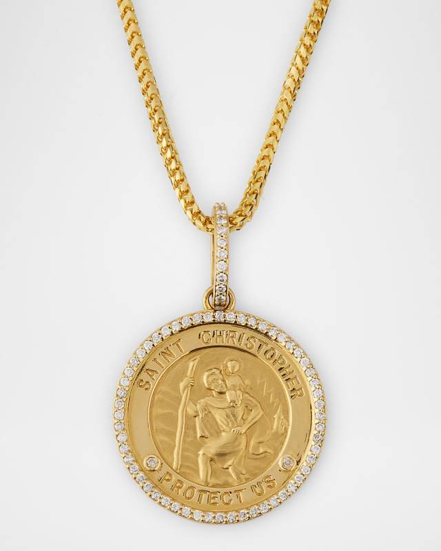 14K Gold St. Christopher Diamond Pendant on 2mm Franco Chain Necklace, 20"L