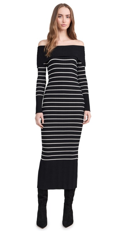 endless rose Off Shoulder Fold Striped Maxi Dress Black/Nude