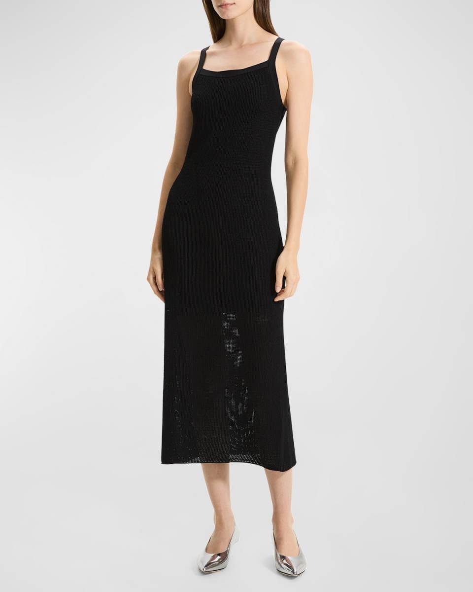 Pointelle Sleeveless Square-Neck Midi Dress