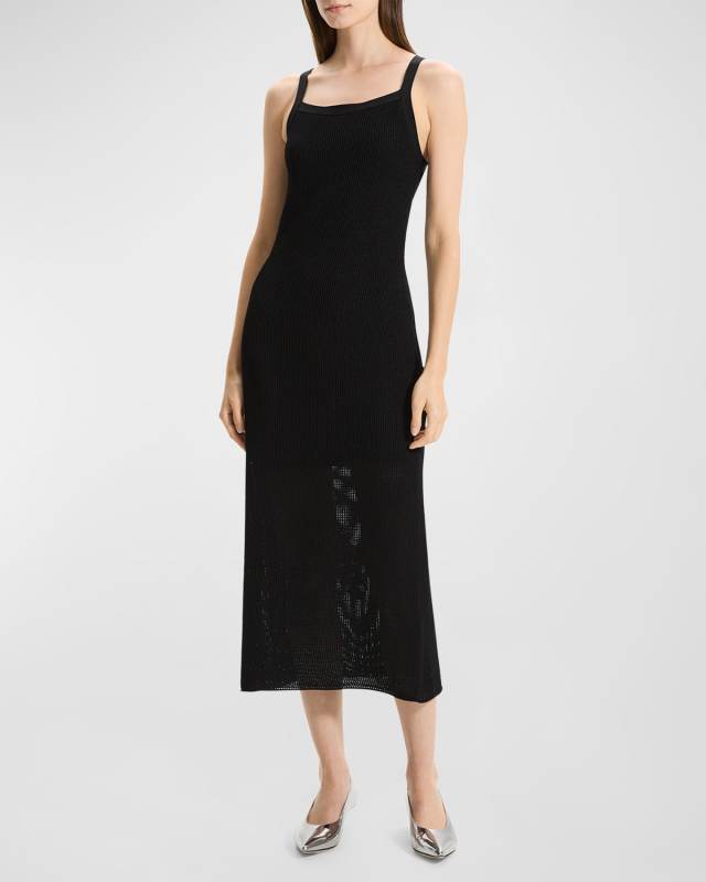 Pointelle Sleeveless Square-Neck Midi Dress