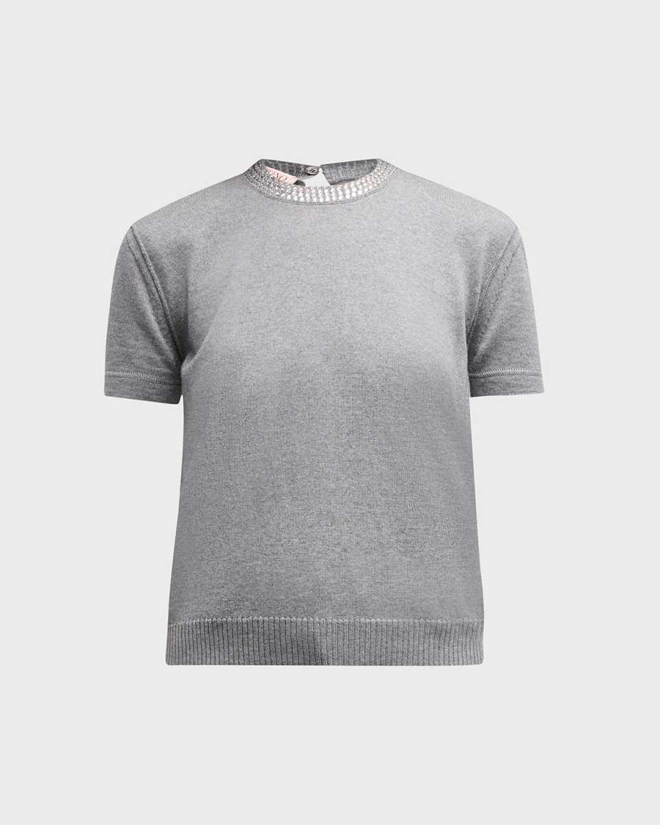 Strass Embellished Short-Sleeve Crop Knit Sweater
