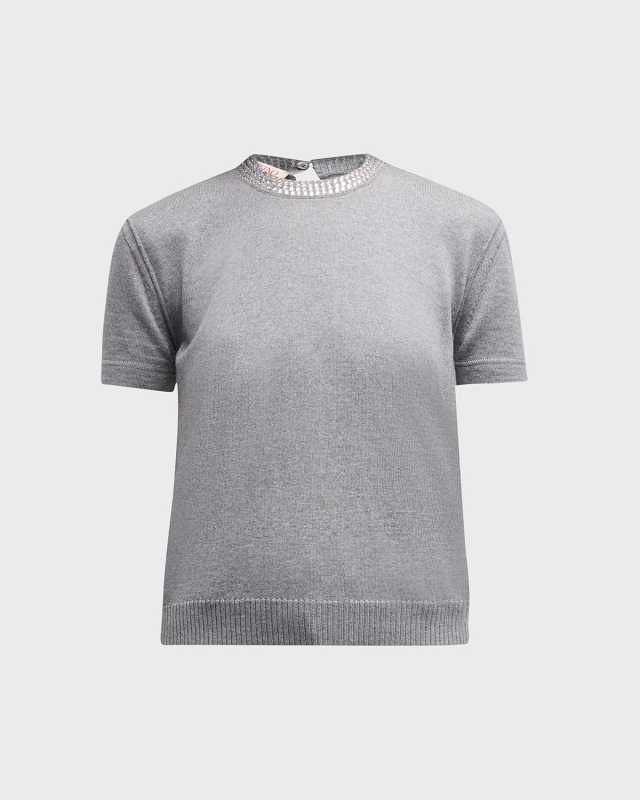 Strass Embellished Short-Sleeve Crop Knit Sweater