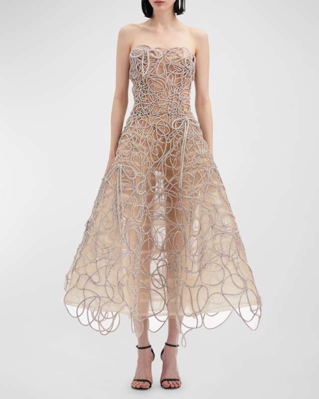 Strapless Crystal Cord Embroidered Gown