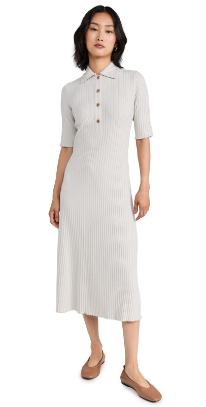 Vince Rib Elbow Sleeve Polo Midi Dress Salt Glass