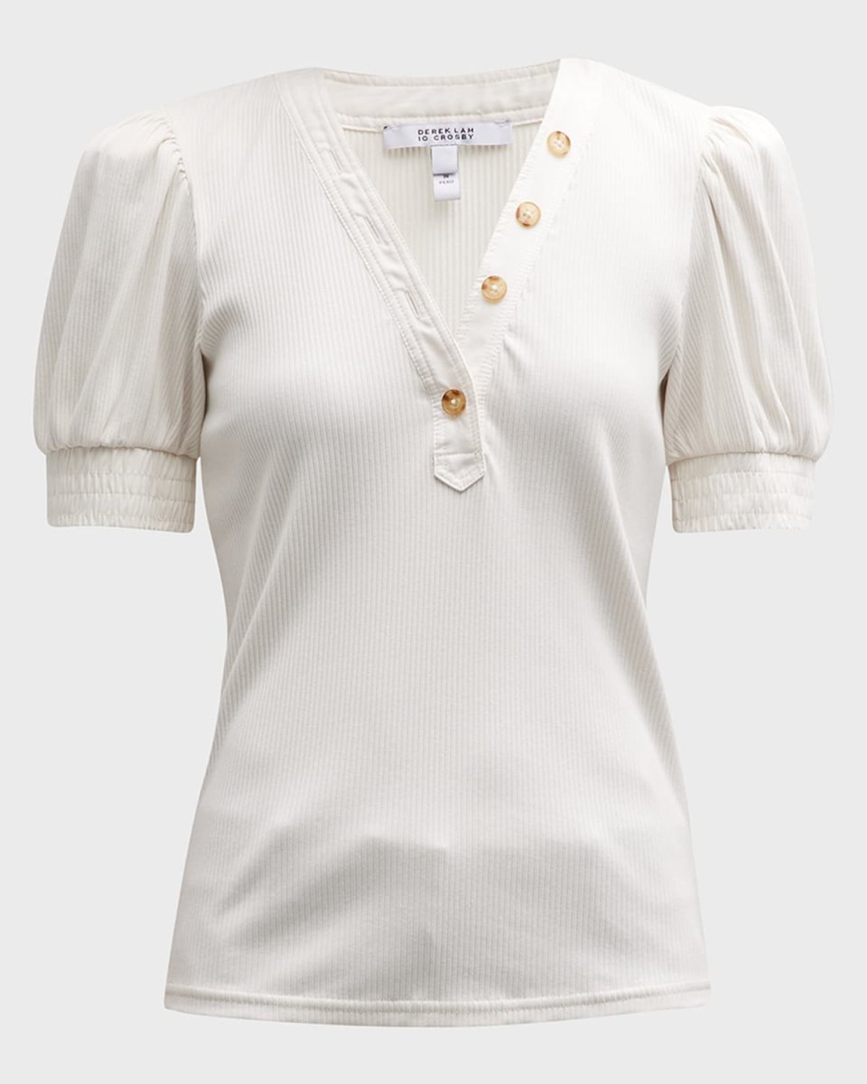 Heather V-Neck Puff-Sleeve Top