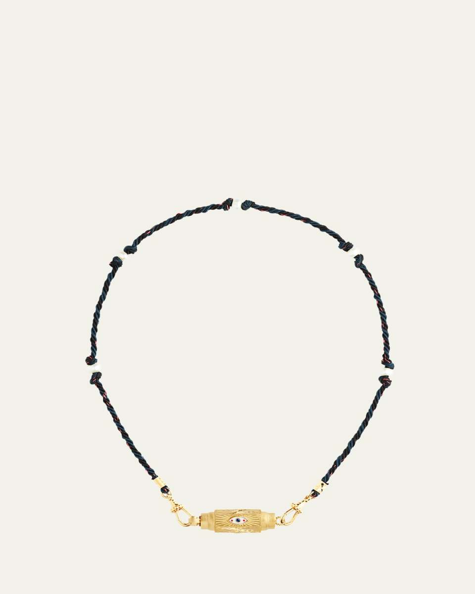 14K Yellow Gold Evil Eye Baby Locket Necklace with Blue Sapphires and Freshwater Pearls
