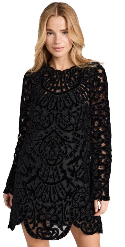 Sea Dana Embroidery Velvet Long Sleeve Dress Black