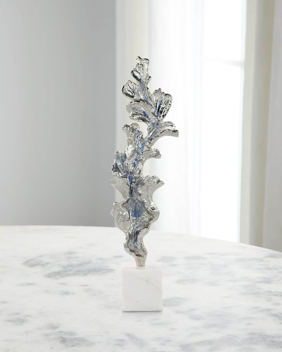 Gleaming Leaf Sculpture on Marble Base, Large